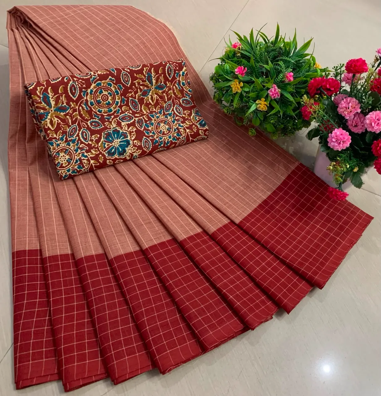 Dusty Rose Chettinadu Pure Cotton Saree with Kalamkari Blouse